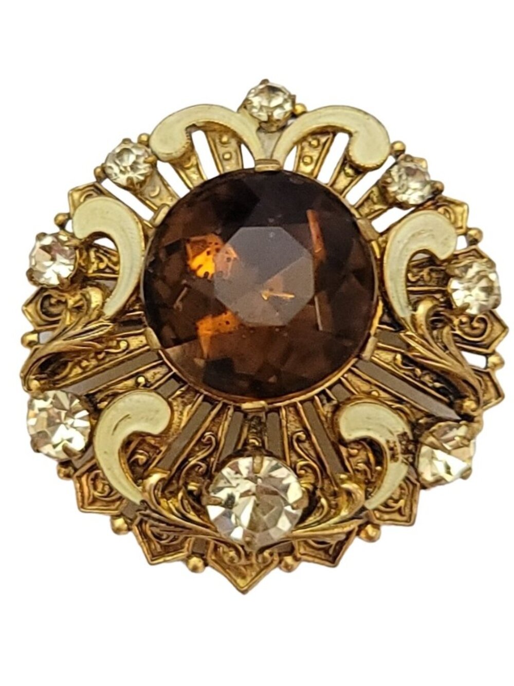 Gold Tone Germany Austria Style Jonquil Topaz White Enamel Brooch K213